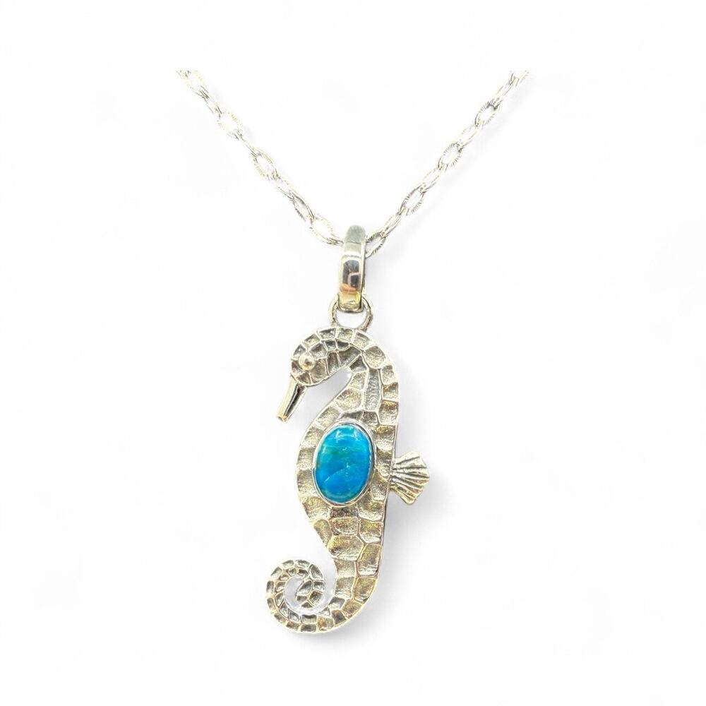 Natural Blue Chilean Opal Seahorse Pendant Necklace 925 Sterling Silver Handmade